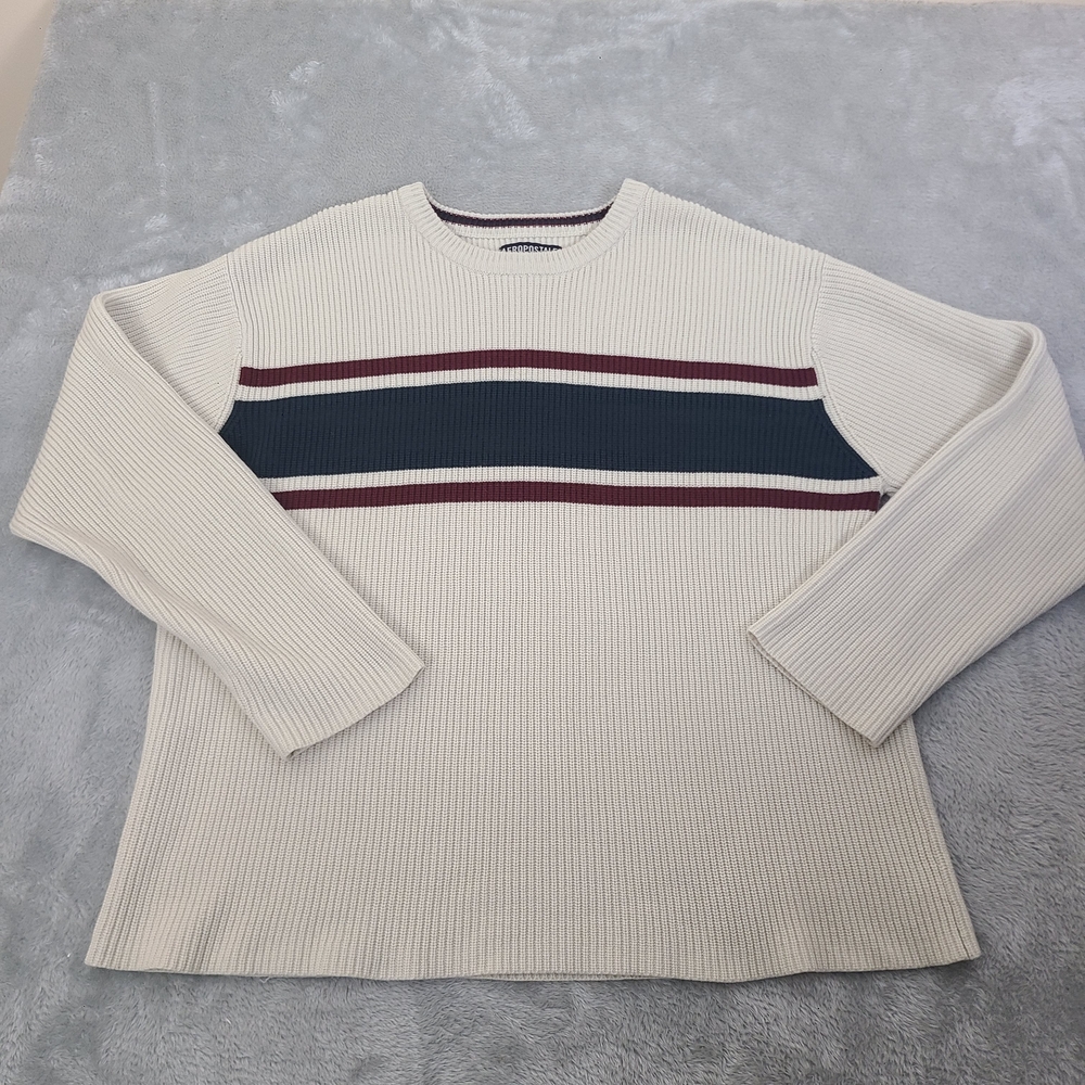 Men's Cream Aeropostale Sweater‎ with Striped Design Y2K Acrylic Size Large